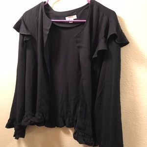 BLACK rayon blazer/cardigan, ruffles, L/P